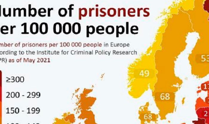 Karta prikazuje udio zatvorenika po državama Europe, pogledajte kako stoji Hrvatska