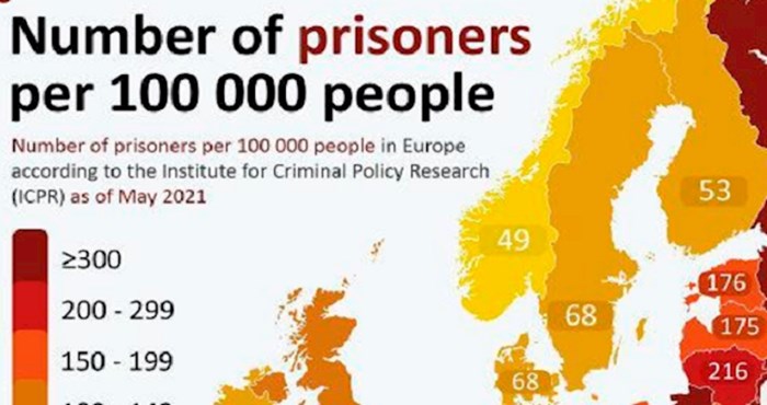 Karta prikazuje udio zatvorenika po državama Europe, pogledajte kako stoji Hrvatska