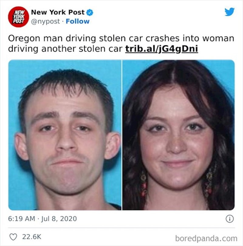 On u ukradenom autu, ona u ukradenom autu i što se dogodi? Sudar!
