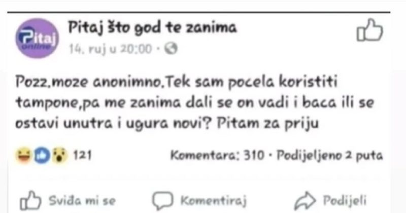 Raspitivala se o tamponima na FB-u. Pomalo brutalan, ali urnebesan odgovor ove žene obišao je regiju