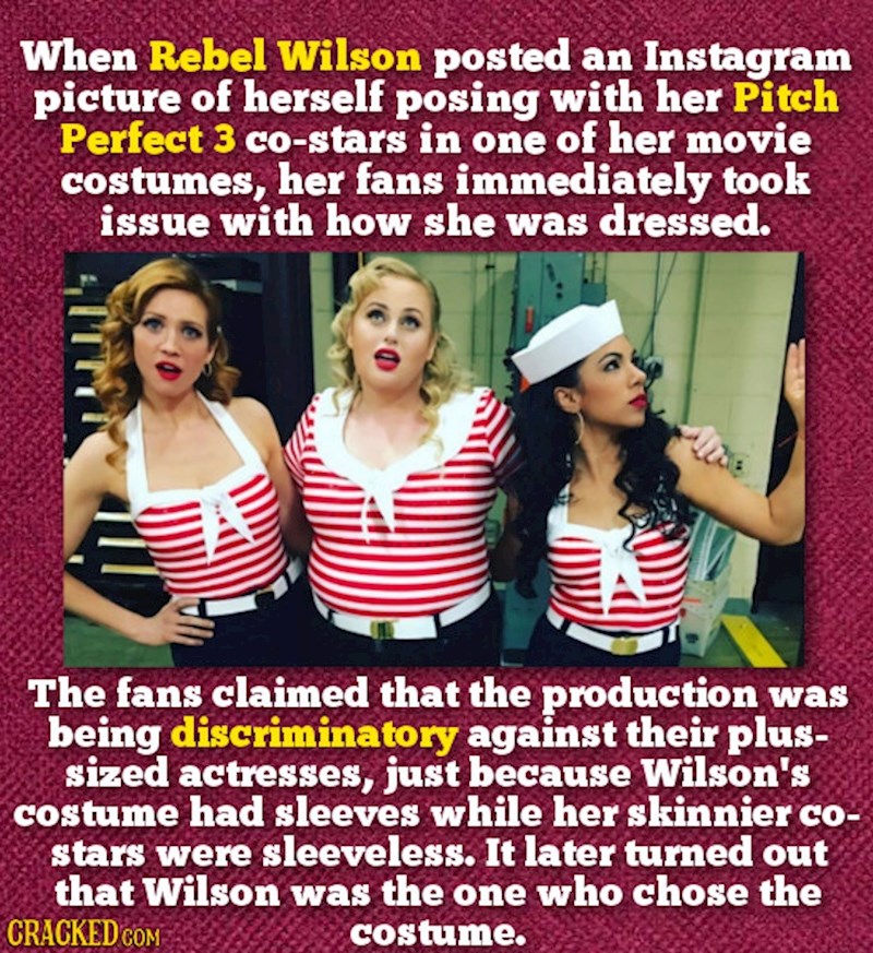 Rebel Wilson jednom je objavila fotku s ekipom iz filma Pitch Perfect 3. Na internetu je nastao cijeli kaos oko diskriminacije punašnijih žena, podigle su se razne udruge, fanovi su bili bijesni, a sve zbog toga jer Wilson na slici nosi zatvoreniju odjeću od mršavijih kolegica. Ispalo je da je Wilson sama odabrala što želi nositi!