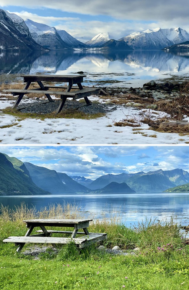 Pejzaž Norveške u veljači i u kolovozu