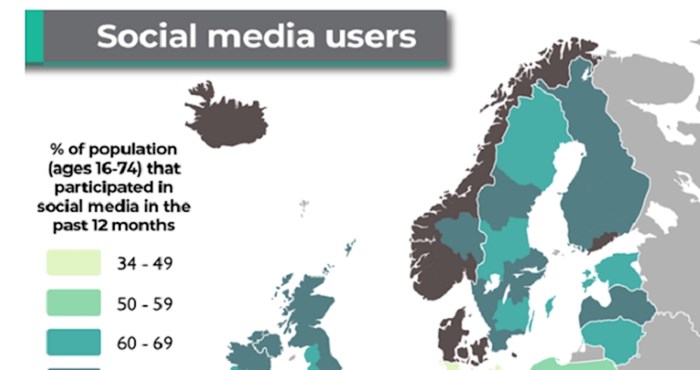Karta prikazuje udio korisnika društvenih mreža u državama Europe, neki podaci su baš iznenađujući
