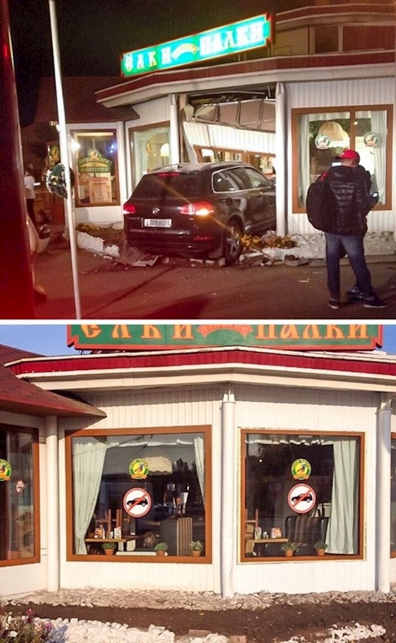 Nakon ove bizarne nesreće, vlasnici ovog lokala su zalijepili stop automobilima