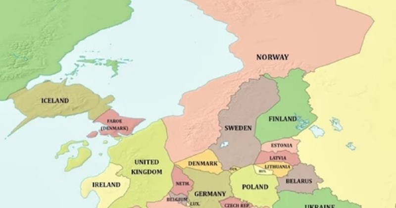 Mapa prikazuje što bi se dogodilo s teritorijem europskih država kad bi se razina mora spustila 1km