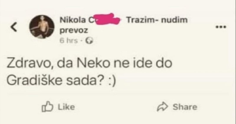 Tražio je prijevoz preko Facebooka, sada je hit u regiji zbog urnebesnog komentara drugog tipa