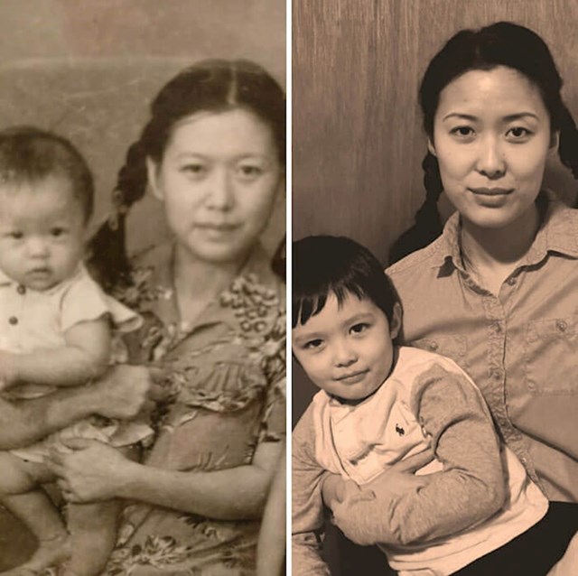 63 godine razlike između ove dvije slike, a kao da je o istim ljudima riječ! Moja prabaka i baka, te moj sin i ja