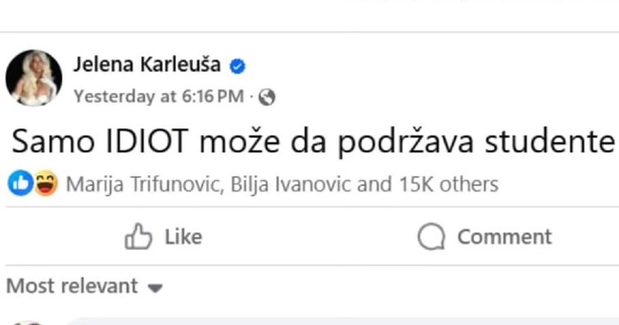 Srpska pjevačica stala u obranu ćacija, a protiv prosvjednika. Tip je uništio jednom rečenicom