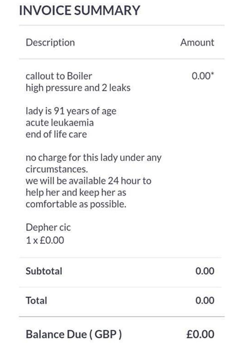 Faktura fantastičnog gospodina po imenu James Anderson iz Ujedinjenog Kraljevstva, nakon popravka bojlera starije gospođe
