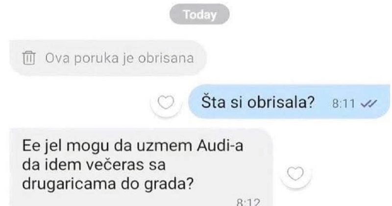 Cura je htjela posuditi dečkov auto za izlazak s frendicama, dopisivanje je nasmijalo Fejs