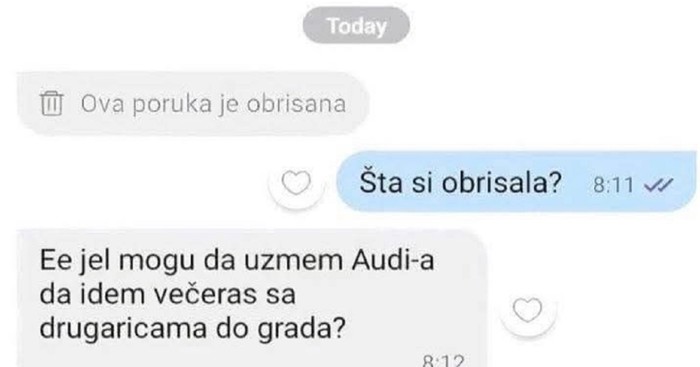 Cura je htjela posuditi dečkov auto za izlazak s frendicama, dopisivanje je nasmijalo Fejs