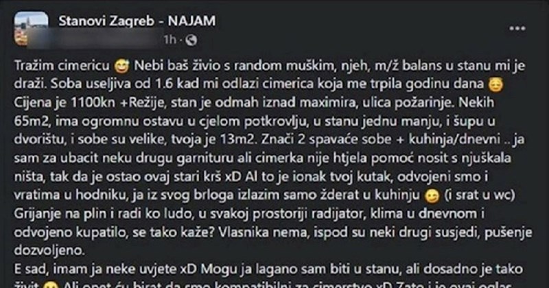 Tip iz Zagreba traži cimericu, ekipa je apsolutno oduševljena iskrenim oglasom