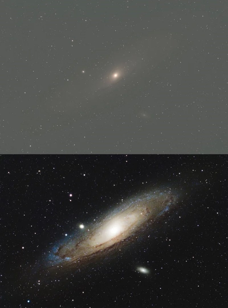 Galaksija Andromeda prije i poslije obrade fotografije