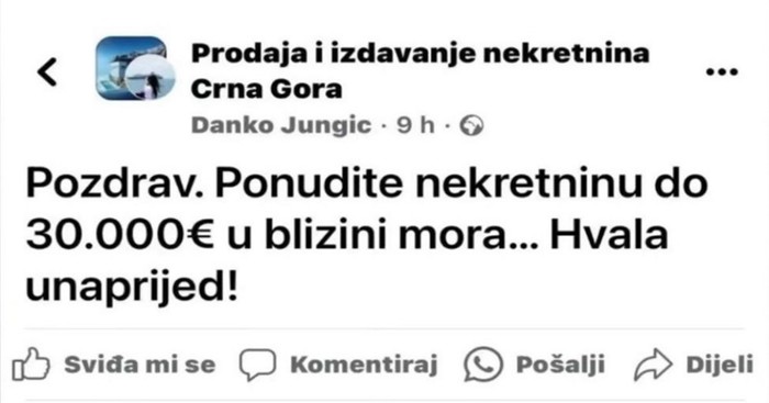 U FB grupi je tražio nekretninu uz more za 30 000 eura, odgovor jednog tipa srušio je Internet