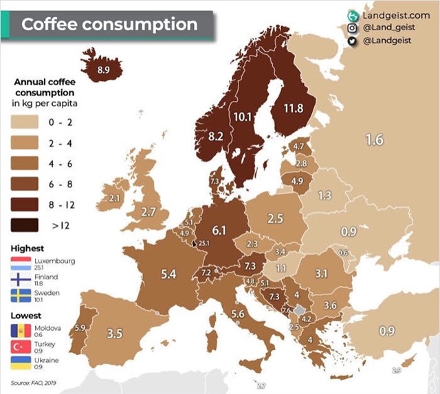 Koliko kilograma kave godišnje, po stanovniku, potroše europski narodi: