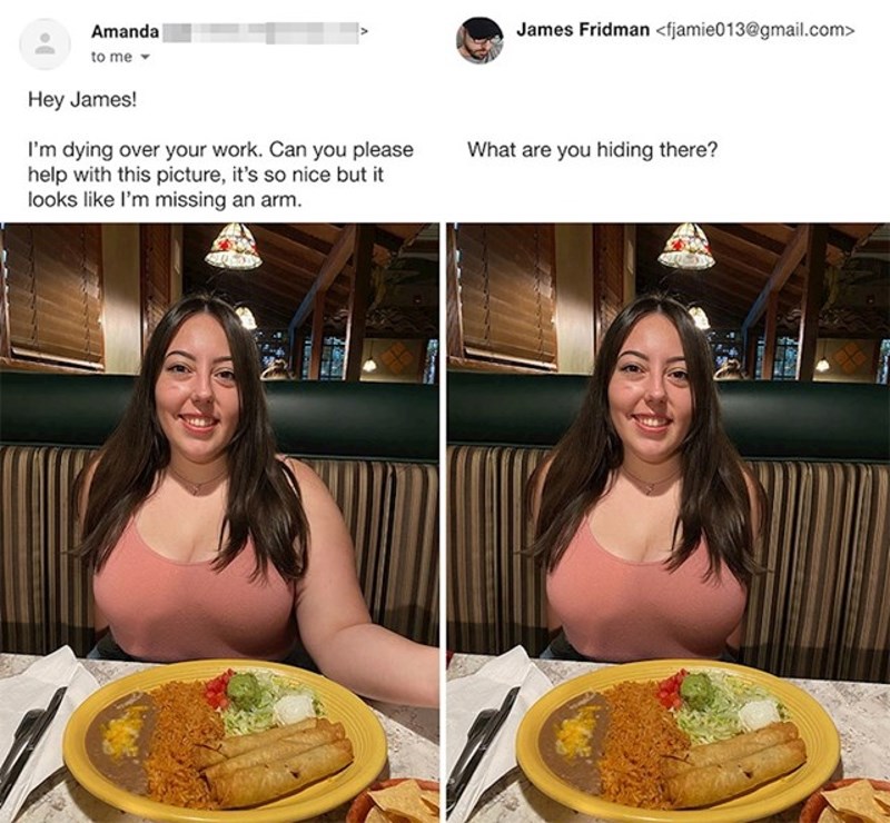 "James, možeš li mi pomoći? Izgleda kao da mi nedostaje jedna ruka?" "Evo, sad izgleda kao da nešto skrivaš iza leđa."