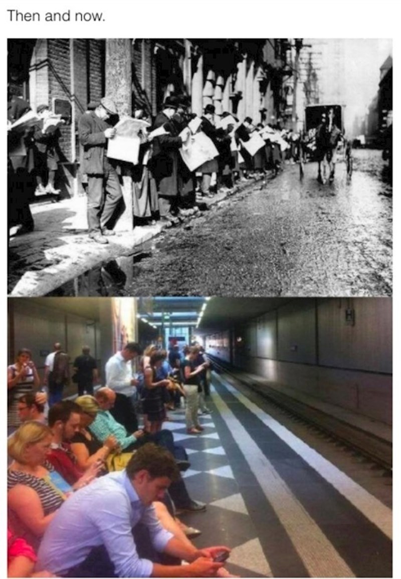 Ljudi čekaju prijevoz, prošlost i sadašnjost