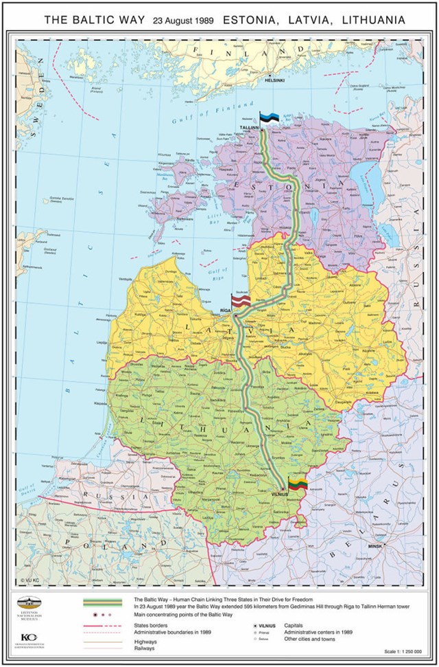 Baltički put. 23. kolovoza 1989. dva milijuna ljudi udružilo se u ljudski lanac koji se protegao 675,5 km preko triju baltičkih država