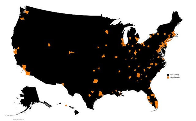 I u crnom i u narančastom području živi 50% stanovnika SAD-a