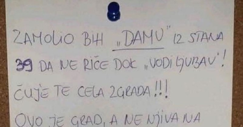 Susjedi su bijesni na stanarku zgrade zbog glasnog vođenja ljubavi, pogledajte što su joj napisali