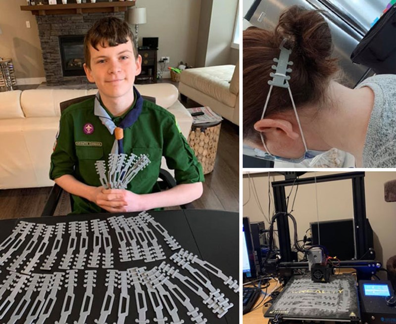 Quinn je odgovorio na zahtjev lokalnih bolnica za pomoć oko stvaranja više "štitnika za uši" kako bi se smanjio pritisak na uši zdravstvenih radnika zbog cjelodnevnog nošenja maski