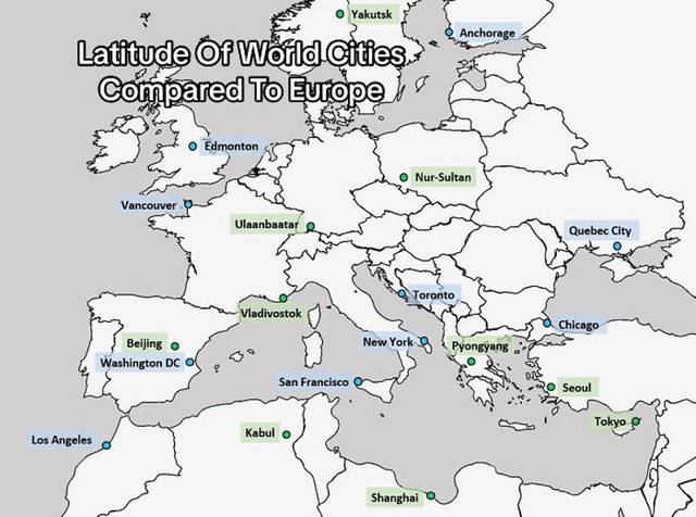 Geografska širina svjetskih gradova- kada bi se nalazili u Europi, ovo bi im bila pozicija! Tko bi rekao da je New York ovoliko bliži ekvatoru od nas?