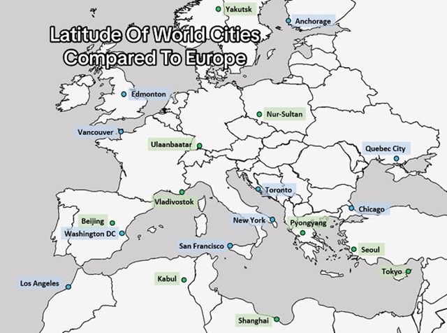 Geografska širina svjetskih gradova- kada bi se nalazili u Europi, ovo bi im bila pozicija! Tko bi rekao da je New York ovoliko bliži ekvatoru od nas?