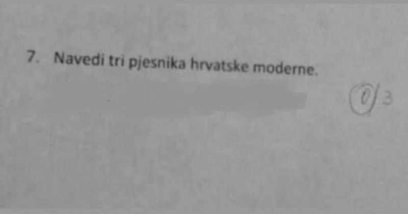 Učenici su trebali nabrojati tri pjesnika hrvatske moderne, ovaj odgovor odmah se proširio Fejsom