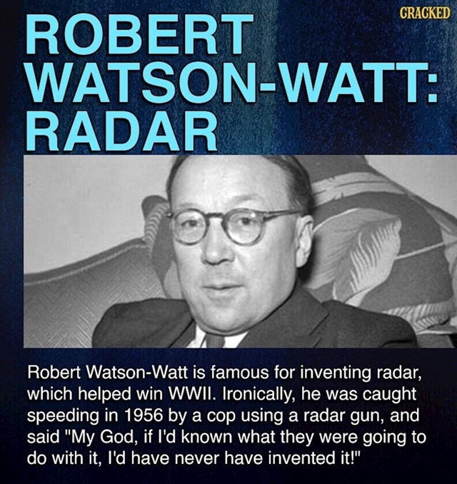 Izum radara uvelike je izmijenio svijet, dovoljno je samo spomenuti njegov doprinos u pobjedi nad nacistima u Drugom svjetskom ratu! No, njegov tvorac, Robert Watson-Watt 1956. godine požalio je zbog svog izuma i to zato što ga je policajac uhvatio u prebrzoj vožnji upravo zahvaljujući radarskom pištolju. Izjavio je tada da ga nikad ne bi izumio, da je znao za što će se koristiti!