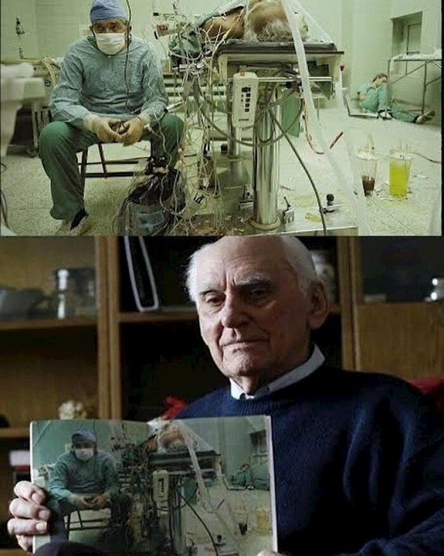 Slika dr. Relige kako prati vitalne funkcije svog pacijenta nakon dovršetka 23-satne transplantacije srca, dok njegov pomoćnik spava u kutu (1987. godine). Na donjoj fotografiji je pacijent koji je na kraju nadživio svog doktora.
