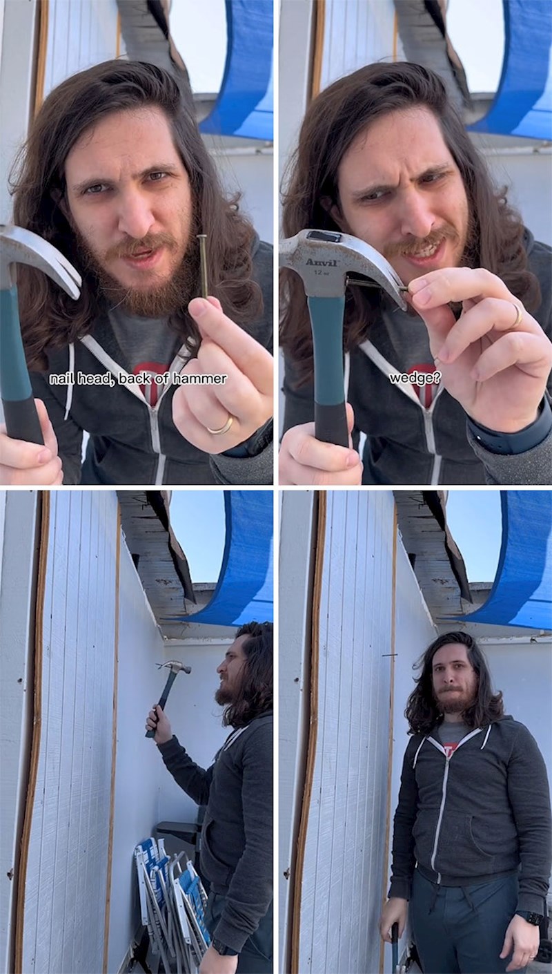 Kako se zapravo koristi ovaj čekić: za zabiti čavao na željeno mjesto, ne držite ga među prstima, već slijedite upute sa slike. Ovaj trik je revolucija 😆