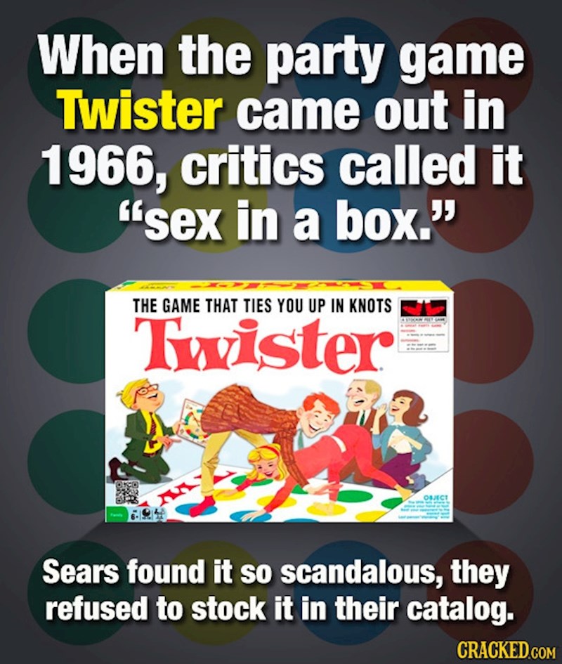 Kada je 1966. Godine na tržište lansirana društvena igra Twister, kritičari su je nazvali „seks u kutiji“