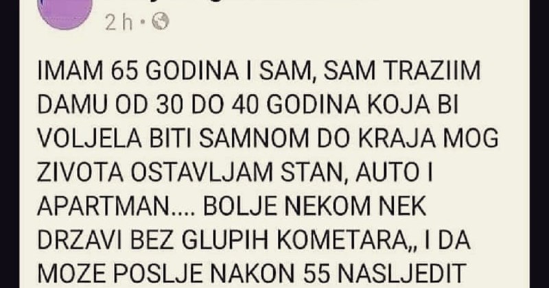 Stariji gospodin tražio je partnericu preko Fejsa, komentar ovog tipa širi se regijom brzinom munje