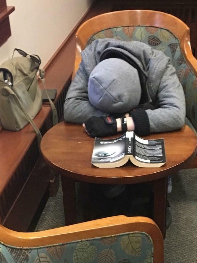 Cimer je zaspao u knjižnici. Stavio sam mu knjigu "50 nijansi sive" ispred njega