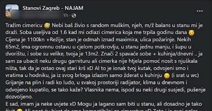Tip iz Zagreba traži cimericu, ekipa je apsolutno oduševljena iskrenim oglasom