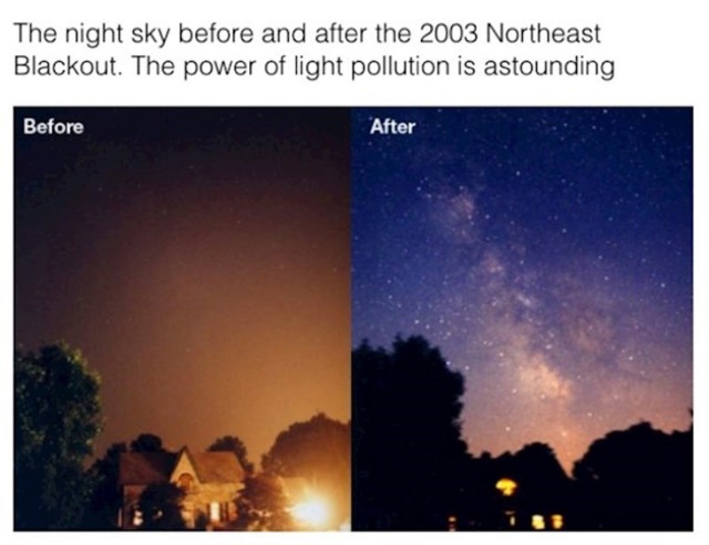 Fotka noćnog neba prije i poslije nestanka struje, svjetlosno zagađenje je zaista značajno, tek sad vidimo