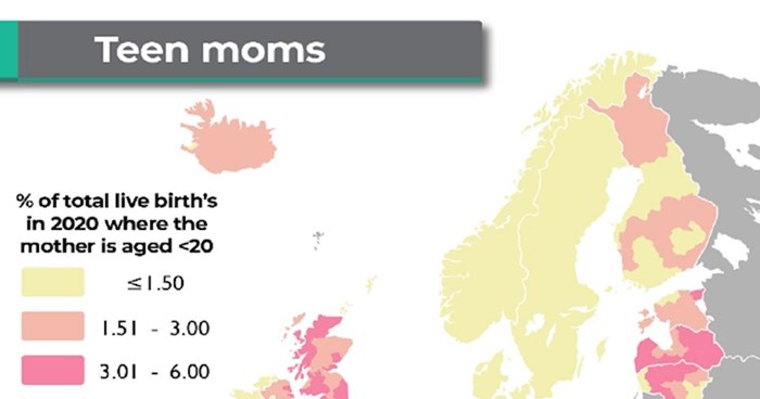 Karta prikazuje udio mama tinejdžerica po europskim zemljama, neke će vas države iznenaditi
