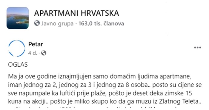 Tip koji iznajmljuje apartman samo domaćim ljudima hit je na Fejsu! Komičan opis oduševio je tisuće