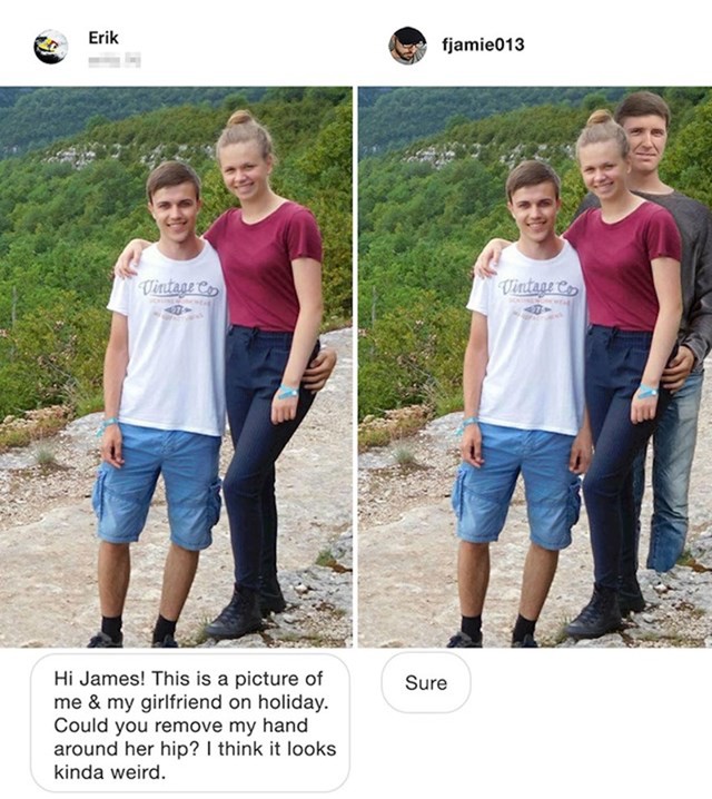 Ovom dečku se činila čudna poza kojom je zagrlio svoju djevojku oko kukova pa je zamolio Jamesa da to sredi. James je, kao i uvijek, oduševio svojom idejom.