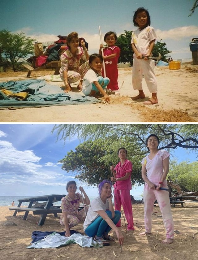 5. "Moje sestre i ja smo rekreirale ovu fotografiju na plaži na Havajima. Prva je nastala 1991., a druga 2022. godine"
