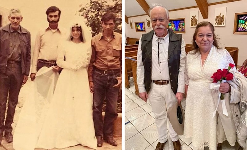 2. "Moji djed i baka na dan vjenčanja 1973. godine i 2021. kada su obnovili zavjete"