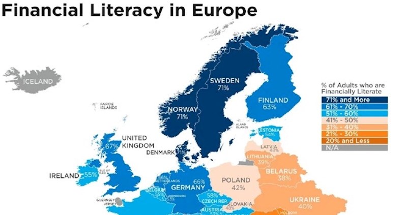 Mapa pokazuje postotak odraslih u europskim zemljama koji su financijski pismeni, pogledajte RH