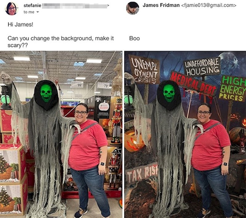 Zatražila je da pozadina izgleda strašno. Mislimo da su se svi prestrašil i osjetili grč u želudcu kad su pročitali natpise o krizi na tržištu rada, visokoj cijeni goriva, visokoj cijeni nekretnina..