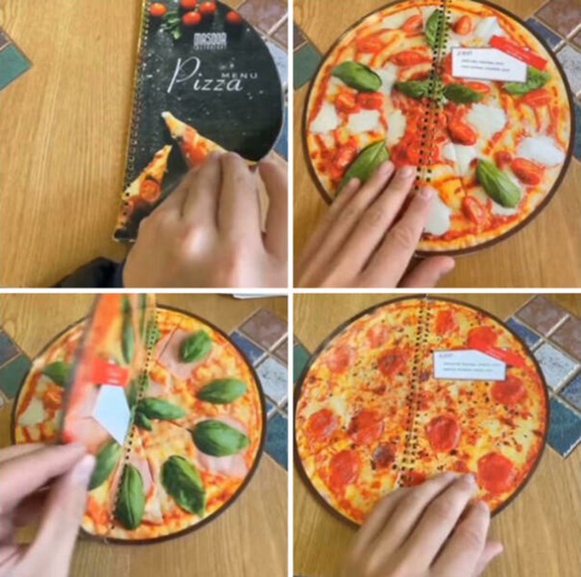 Izgled jelovnika u pizzeriji u obliku pizze.