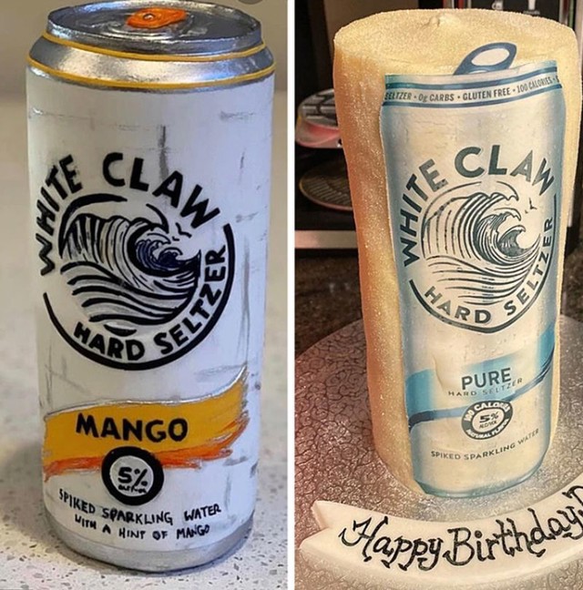 1. "Moja djevojka je potrošila sto dolara da mi netko napravi White Claw tortu za rođendan. Prvo je slika za inspiraciju, a drugo torta."