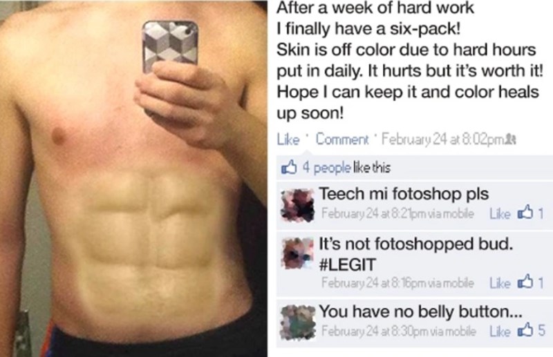 Pomoću Photoshopa si je napravio trbušnjake i pokušao prodati priču da ih je dobio nakon tjedan dana vježbanja. Onda su ga u komentarima počeli zasluženo zezati.