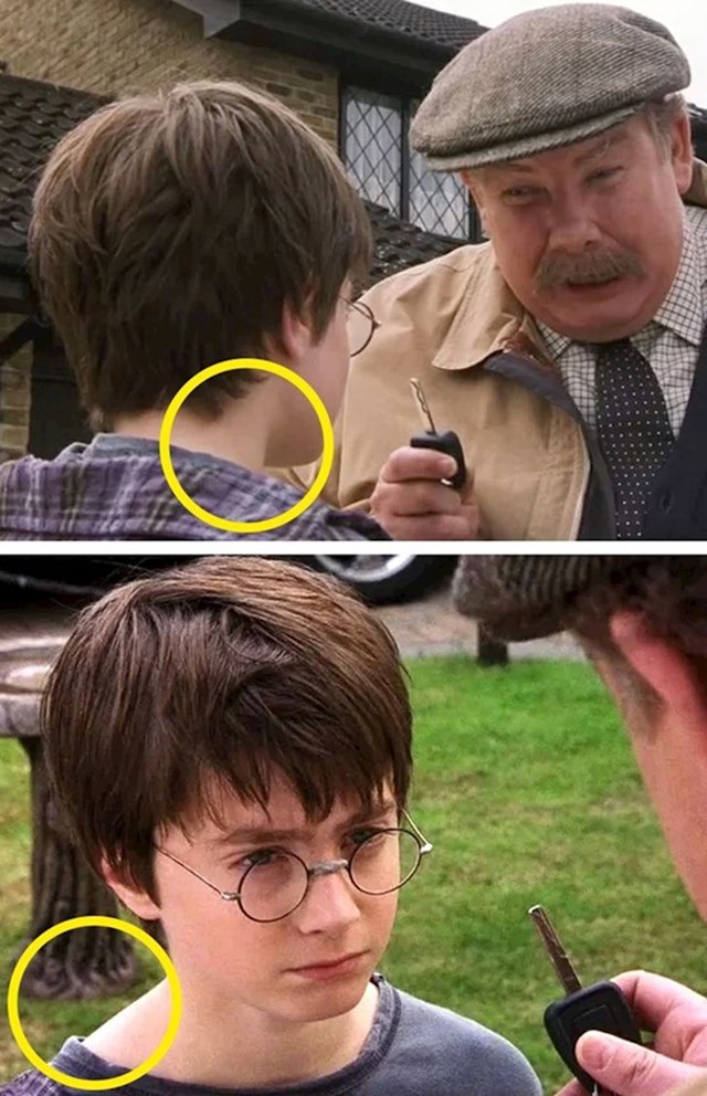 Harryjev ovratnik u jednom kadru stoji kod vrata, a u drugom kod ramena.