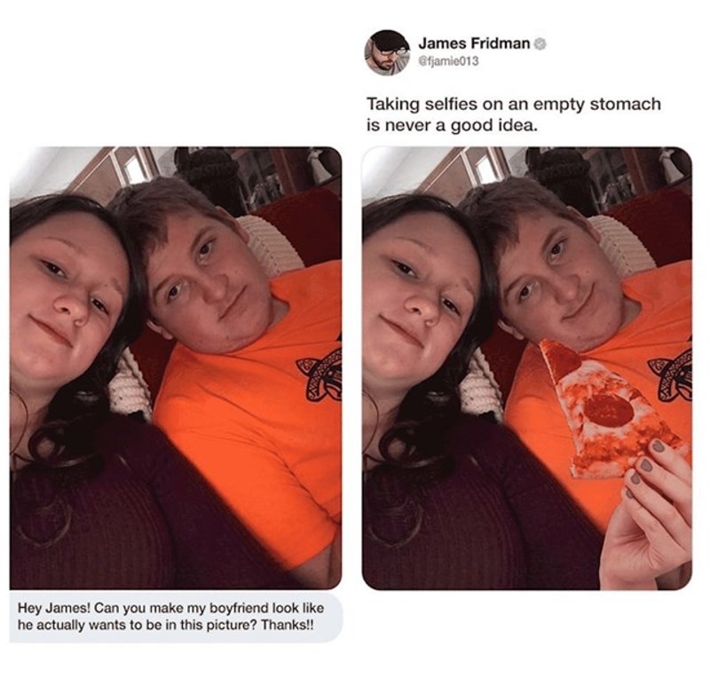 Možeš li učiniti da mi dečko izgleda sretno na fotografiji?