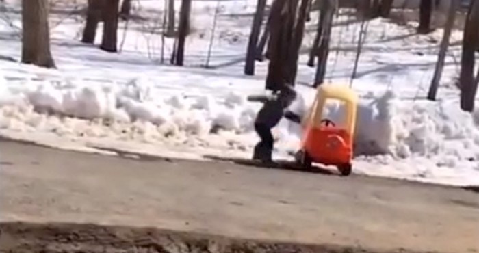 Viralan video: Dječaku je autić "zapeo" u snijegu, njegova urnebesna reakcija uljepšat će vam dan