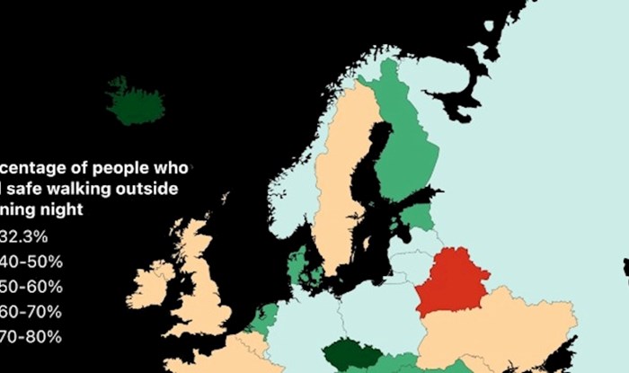 Mapa pokazuje koliko se Europljani osjećaju sigurno vani po noći u svojim zemljama, pogledajte RH
